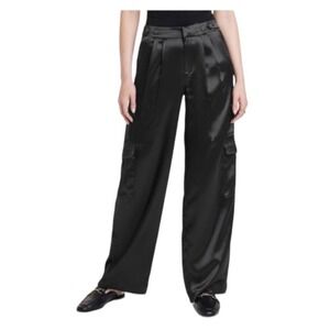 A New Day Cargo Pants Wide Leg Trousers Black Satin High Rise Pleated Size 4